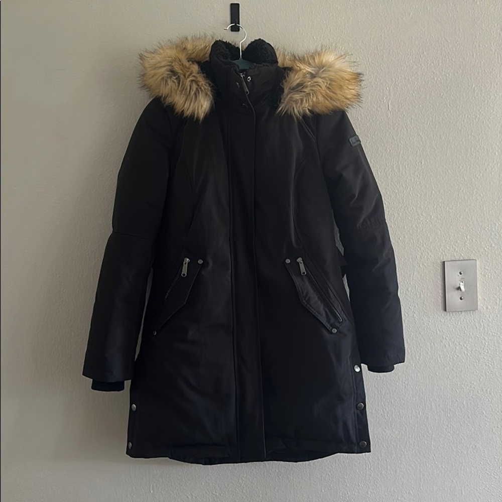 XS Sam Edelman Black Parka with Fur Trim Hood